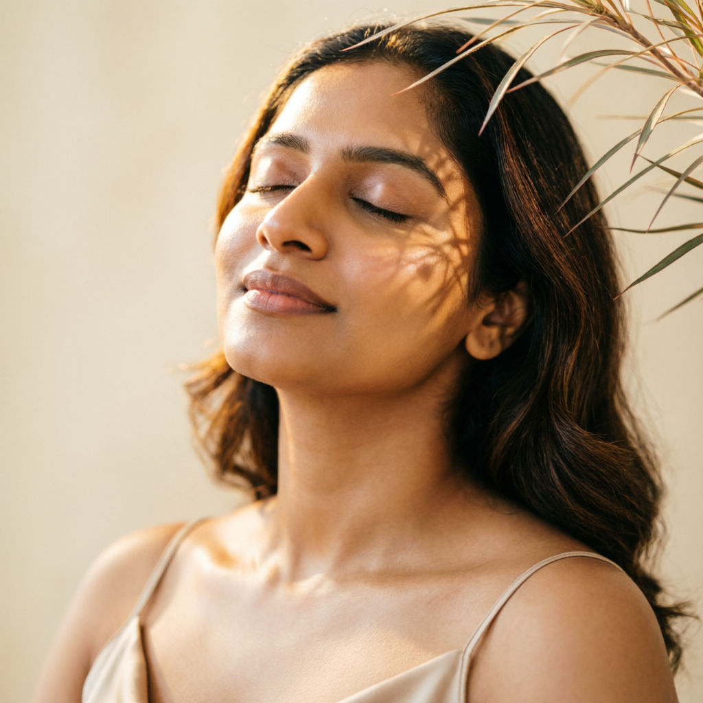 Woman with luminous, healthy glowing skin in soft warm light